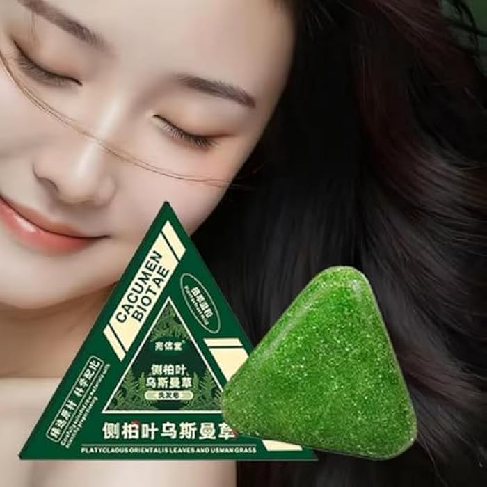 Cacumen Biotae Thuja Leaf and Usman Grass Shampoo Bar, Natural Herbal Formula, Green Triangle Shape - Image 4